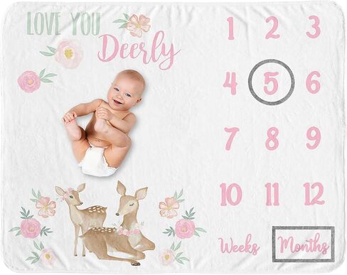 Sweet Jojo Designs Woodland Bunny Girl Milestone Blanket Monthly Newborn First Year Growth Mat Baby Shower Memory Keepsake Gift Picture - Blush Pink Mint Green Grey Boho Floral Watercolor Rose Flower in Kuwait