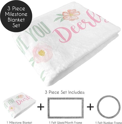 Sweet Jojo Designs Woodland Bunny Girl Milestone Blanket Monthly Newborn First Year Growth Mat Baby Shower Memory Keepsake Gift Picture - Blush Pink Mint Green Grey Boho Floral Watercolor Rose Flower in Kuwait