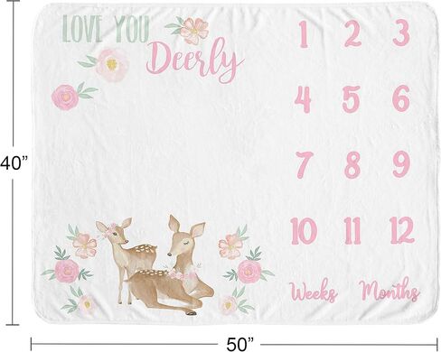 Sweet Jojo Designs Woodland Bunny Girl Milestone Blanket Monthly Newborn First Year Growth Mat Baby Shower Memory Keepsake Gift Picture - Blush Pink Mint Green Grey Boho Floral Watercolor Rose Flower in Kuwait
