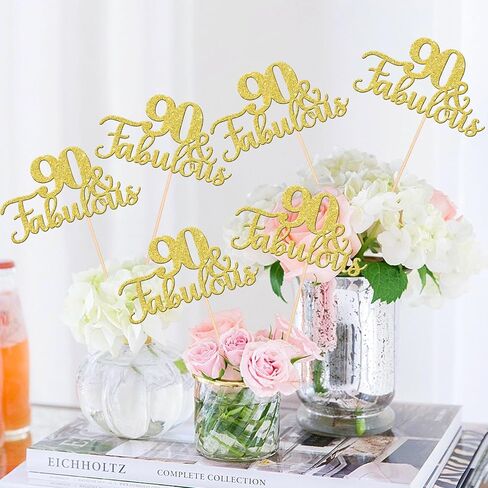 12 PCS 90 and Fabulous Centerpiece Sticks Double Sided Happy 90th Birthday Table Flower Centerpieces Sticks Cheers to 90 Floral Decorations for 90th Birthday Anniversary Party Supplies Rose Gold in Saudi Arabia