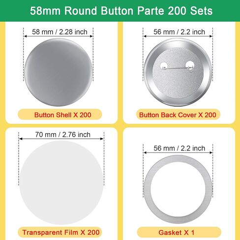 200 Sets 58mm/2.25" Button Maker Supplies, Complete DIY Supplies for Custom Buttons & Badges, Metal Covers, Metal Backs& Clear Film for Button Maker Machine, Pin Maker, Badge Button Press in Kuwait