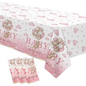 Pink Bear Baby Shower Tablecloth Decorations - Disposable We Can Bearly Wait Baby Shower Decorations Table Cover, Teddy Bear Baby Shower Party Supplies Table Cloth - 3 Pack (54in x 108in)