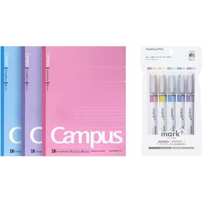 KOKUYO Composition Notebooks, 3 Pack Campus 9-3/4" x 7-1/2" Comp Book with College Ruled, 80 Sheets & Mark+ 2-Tone Highlighter 5 Colors Set, Dual Tips with Pink, Blue, Green, Purple, Yellow