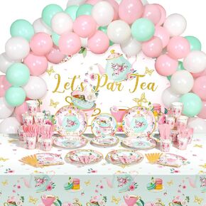 Havawish 165 Pcs Floral Tea Party Decorations Birthday Supplies Girls Women Tea Party Backdrop Tablecloth Balloon Birthday Paper Plate Napkin Tableware Set Disposable for Lets Partea Baby Shower