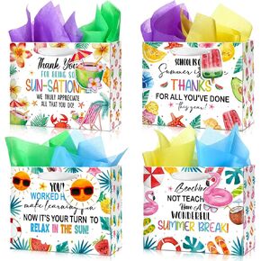 Kolldenn 12 Pcs End of Year Teacher Gifts Appreciation Gift Bag with Tissue Paper 10 x 8 x 4'' Medium Summer Thank You Teacher Wrapping Bag with Tag for Retirement School Year End Appreciation