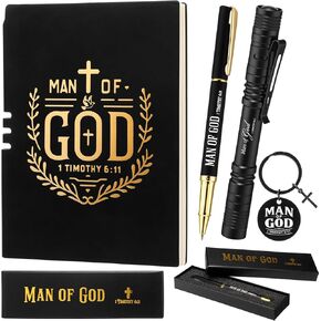 Kosiz 5 PCS Man of God Gifts Christian for Men Leather Journal Notebook Cross -keychain Cross -Cross Pocket Pocket Pocket With Clip Bible Bible Pen With Pen Box Pastor Bitism For For Dad Phathers Day