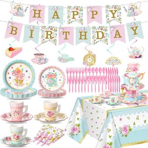 106 PCS شاي حفلات الشاي لـ 12 ضيفًا تشمل لوحات شاي شاي الصواحات المناديل المناديل Cupcake Stand TableCloth Laners Floral Tea Party Party