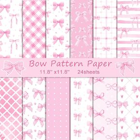Konsait 24 Sheets Bow Scrapbook Paper 12x12, Pink Bow Decor Girls Patterned Paper Double Sided Cardstock Pink Plaid Printed Cardstock for Card Making Scrapbook Supplies