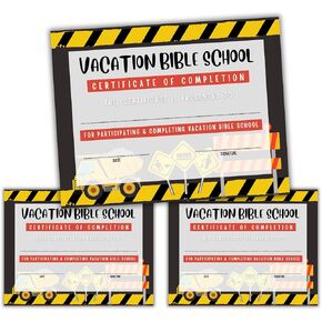 Vacation Bible School VBS Certificate of Completion Award | 50 pk 8.5x11" Construction Site Excavator Working Trucks Themed Participation