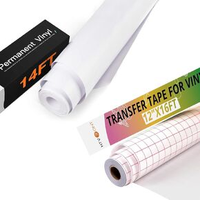HTVRONT Transfer Tape for Vinyl -12" x 16 FT Transfer Paper & White Permanent Vinyl, 12" x 14 FT White Vinyl for Cricut