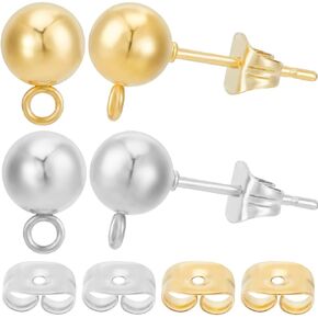 Beebeecraft 1 Box 40pcs 2 Styles 6mm Ball Post Post Stud Encring Endring Hesters 24k Gold Plated Stain Feather Bud مع حلقة ومكون أقراط الأذن 20pcs لصنع المجوهرات DIY