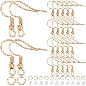 1 مربع 150pcs حقيقية 18 كيلو بايت مقعدة من الأسلاك مقاوم المقاوم مقاوم المقاوم المقاوم المقاوم للصدأ السنانير السمكة السمك الفرنسية السمكة الفرنسية مع صواميل الأذن وخواتم القفز الكرة الأسلاك القرط لتوصيل المجوهرات لصنع المجوهرات