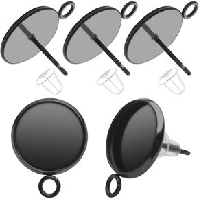 Aylifu Earring Studs Posts, 20Pcs Earring Studs with Loop Stainless Steel Cabochon Setting Round Earrings Posts Tray Base and 20Pcs Black Earring Backs for Earring Making(Fit for 12mm)