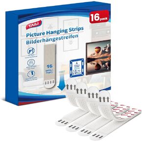 TAILI Picture Hanging Strips Heavy Duty, Small 16 Pairs (32 Strips) Frame Hangers Strips for Walls, Pictures Hanging Kit Without Nail, Damage Free Adhesive Poster Strips for Decor, Art, Mirror