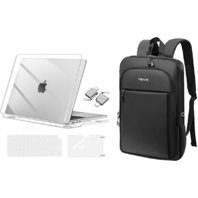 MOSISO Slim Laptop Computer Backpack&Compatible with MacBook Air 15 inch Case 2025 2024 2023 M3 A3114 M2 A2941, Plastic Hard Shell&Keyboard Cover&Screen Film&Type C Adapter, Crystal Clear&Black