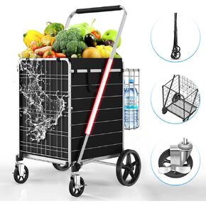 Jumbo Folding Shopping Cart with Swivel Wheels & Brakes - 480lbs Foldable Rolling Grocery Cart with Double Basket & Waterproof Liner, Portable Heavy Duty Utility Carts for Laundry