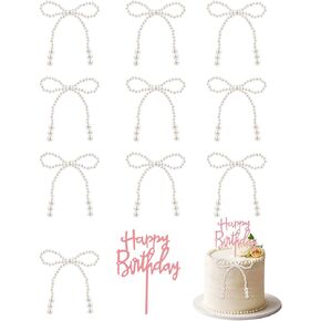 11pcs أبيض المقلدة ديكورات كعكة القوس اللؤلؤ ، كعكة عيد ميلاد سعيد أقطار أعلى ، لؤلؤة أنيقة القوس القوس الزخرفة كب كيك العالي