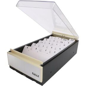 Eagle Business Card Holder, Storage up to 600 Cards, Box Size: 4 1/4 x 8 1/4 x 2 1/2, Metal/Plastic (Black/Clear)
