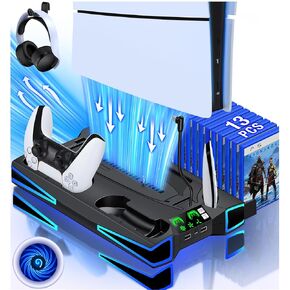 Cooling Station for PS5 / PS5 Slim Console, With Controller Charger for PlayStation 5, 3-Level Fan & RGB LED for PS5/ 2023 PS5 Slim Cooling Stand, Headset Holder, 3 Charging Ports, Accessories for PS5