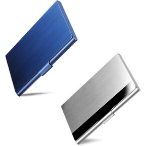 Business Card Holder, Slim Business Card Case for Men & Women, Pocket Metal Card Case, Professional Stainless Steel Business Card Holders, Buckle Style Shut, 1PCS Silver and 1PCS Blue