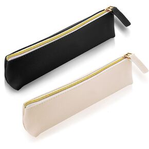 2Pcs Leather Pencil Case, Zipper Small Pencil Pouch, Aesthetic Portable Travel Cosmetic Bag, Lovely Stationery Bag for Pens Pencils Markers(Beige+Black)