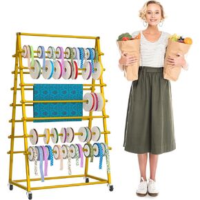 15-Tier Ribbon Holder Organizer Rack, Double-Sided Metal Ribbon Storage Shelf for Vinyl Rolls, Gift Wrapping Ribbon, 360° Locking Wheels, Ideal for Craft Room, Cake Shop, Flower Store, White