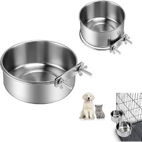 2 PCS Stainless Steel Pet Bowls Anti-Spill Metal Feeder Food and Water Feeding Bowl, Hanging Pet Cage Crate Bowl for Puppy Kennel Medium and Large Pets (5.5x3.1'' & 6.3x2.5'')