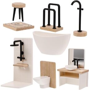 Totority Dollhouse Miniature Bathroom Associory ، 1:12 Scale Dollhouse Furniture ، 8pcs بما في ذلك الحوض ، المرحاض ، حوض الاستحمام ، البراز ، صنبور ، رف المناشف ، ألوان متنوعة ، خشب وبلاست