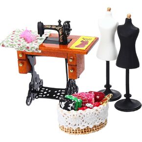 4 Pcs 1 :12 Miniature Sewing House Scene Miniature Sewing Machine, Sewing Basket, 2 Doll Dress Form for Vintage Valentines Toy Gift Mini Dollhouse Decoration Accessories