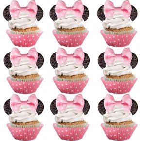 rsstarxi 24 PCS Pink Minnie Mouse Bowknot Cupcake Topcake Topcake Party Bow Bow Dots Cupcake Topcake for Children's Birthder Baby Barty Cake Cake