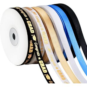6 Rolls Graduation Ribbon - 3/8 بوصة شريط ساتان الذهب الساتين العريض لفئة 2025 ديكورات غلاف الهدايا و DIY الحرف اليدوية