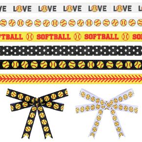 6 Rolls 18 Yards Sports Softball Ribbons for Crafting, Black White Dot Grosgrain Ribbons Softball Grosgrain Ribbon Sport Yellow Red Ball Ribbons Wrapping Craft Ribbons for Sport Party Decor Wrap, 3/8
