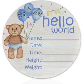 Baby Announcement Sign for Newborn Boys or Girls, Hello World Newborn Sign, Nursery Wall Decor, Baby Name Sign, Blue Bear Theme Birch Wood 6 inch Circle Board Birth Stat Sign, Newborn Gifts