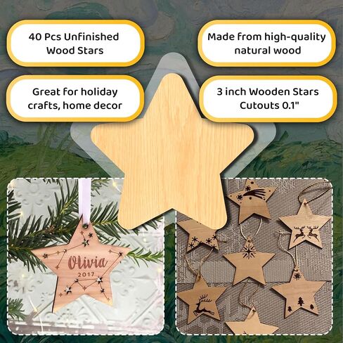 40 Pcs Unfinished Wood Stars 3 inch Wooden Stars Cutouts 0.1'' Thickness Blank Natural Wood Slices Wooden Cutout Tiles for Christmas DIY Crafts Paint Burning Engraving Carving Coaster Staining in Saudi Arabia