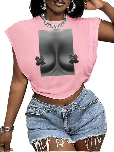 Women's Figure Print Round Neck Crop Tee Casual Sleeveless Loose Fit Pullover T Shirt in Saudi Arabia