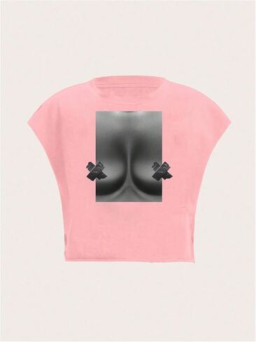 Women's Figure Print Round Neck Crop Tee Casual Sleeveless Loose Fit Pullover T Shirt in Saudi Arabia