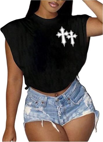 Women's Figure Print Round Neck Crop Tee Casual Sleeveless Loose Fit Pullover T Shirt in Saudi Arabia