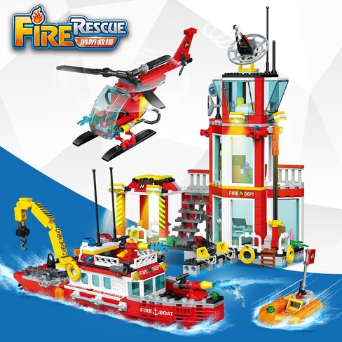 City Fire Rescue Building Set with Fire Station, Truck & Helicopter,737pcs Toy for Boys 6+ in Kuwait