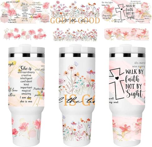 UV DTF Cup Wraps, 6 Sheet Bible Flower UV DTF Transfer Stickers for 40 oz Tumbler, Bible Verse, Floral, Christian Inspirational Quote Designs, Personalized DIY Craft in Saudi Arabia