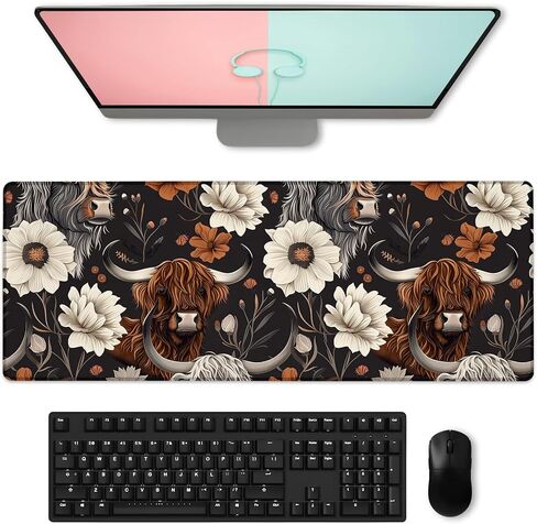 Rustic Highland Cow & Floral Gaming Mouse Pad, Large Cows Desk Mat for Laptop Keyboard Computer, Non-Slip Rubber Base Desktop Extended Mousepad for Office Home Accessories 31.5"×11.8" in Kuwait