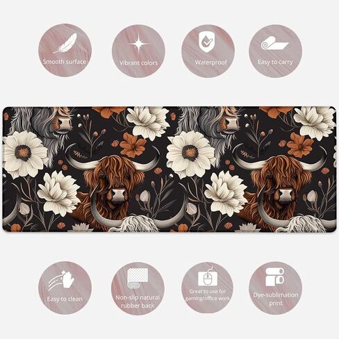 Rustic Highland Cow & Floral Gaming Mouse Pad, Large Cows Desk Mat for Laptop Keyboard Computer, Non-Slip Rubber Base Desktop Extended Mousepad for Office Home Accessories 31.5"×11.8" in Kuwait