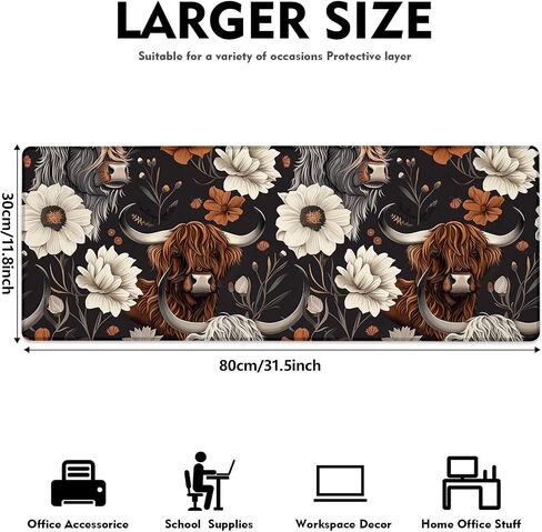Rustic Highland Cow & Floral Gaming Mouse Pad, Large Cows Desk Mat for Laptop Keyboard Computer, Non-Slip Rubber Base Desktop Extended Mousepad for Office Home Accessories 31.5"×11.8" in Kuwait