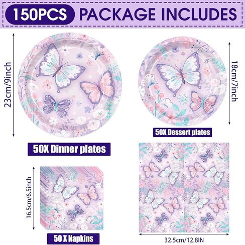 150pcs Butterfly Birthday Party Supplies Pink Butterfly Paper Plates Napkins Disposable Tableware Set Butterfly Party Supplies for Boys Girls Birthday Decor Serves 50 Guests in Saudi Arabia
