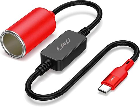 J&D USB C Male to 12V Car Cigarette Lighter Socket Female Converter Cable, 12V 18W Power Cable for Dash Cam, GPS, Car LED Light Strips, Red, 1 ft in Kuwait
