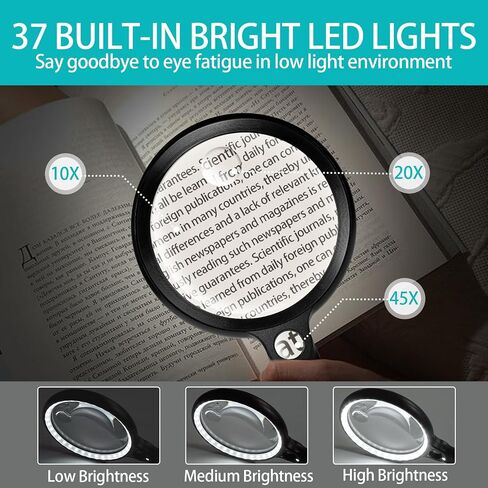 زجاج مكبدي كبير مع 37 LED ضوء ، 10x 20x 45x مُضلِّل مُضيئًا باليد مع 3 أوضاع قابلة لإعادة الشحن لقراءة كبار السن ، التفتيش (بالأبيض والأسود) in Saudi Arabia