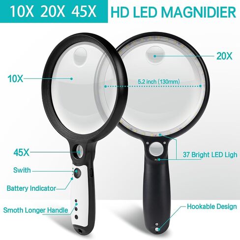 زجاج مكبدي كبير مع 37 LED ضوء ، 10x 20x 45x مُضلِّل مُضيئًا باليد مع 3 أوضاع قابلة لإعادة الشحن لقراءة كبار السن ، التفتيش (بالأبيض والأسود) in Saudi Arabia
