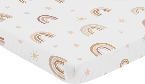 ملاءة سرير أطفال من Sweet Jojo Designs Boho Rainbow Girl مناسبة لسرير الأطفال الصغار في الحضانة - أحمر الخدود الوردي المغبر والذهبي الوردي والأصفر البنفسجي البيج الداكن والنجوم البوهيمية الشمس السماوية العتيقة اللامعة الساطعة in Kuwait