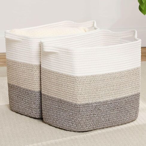 Large Cotton Tall Rectangle Small Laundry hamper Dog Toy Storage Baskets Woven Basket Bins Foldable Medium With Handle Toys and Fabric Storing Storage Silver Gray 2 Pack in Saudi Arabia