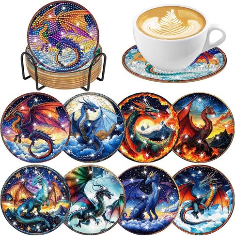 Dragon Diamond Art Coasters Kit: 8 Pcs Fantastic Dragon Diamond Painting Coasters with Holder and Cork Pads, DIY Coaster Craft Set for Adults Beginners Home Decor Gifts in Saudi Arabia