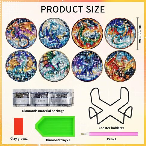 Dragon Diamond Art Coasters Kit: 8 Pcs Fantastic Dragon Diamond Painting Coasters with Holder and Cork Pads, DIY Coaster Craft Set for Adults Beginners Home Decor Gifts in Saudi Arabia